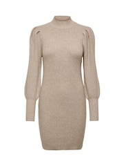 ONLY Brown High Neck Puff Sleeve Knitted Mini Dress - Image 5 of 6