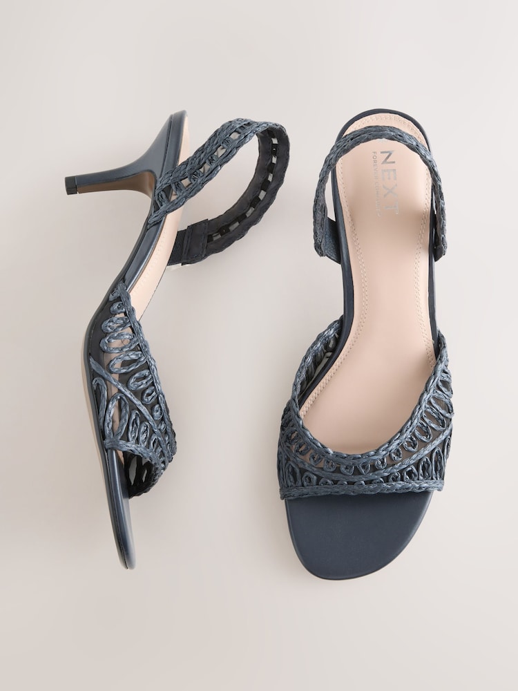 Navy Raffia Peep Toe Heeled Sandals - Image 1 of 10 Navy Raffia Peep Toe Heeled Sandals - Image 1 of 10