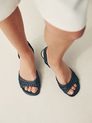 Navy Raffia Peep Toe Heeled Sandals - Image 2 of 10