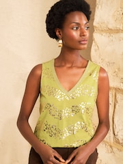 Love & Roses Lime Green Foil Animal Print Embellished Trim Jersey Vest - Image 1 of 4