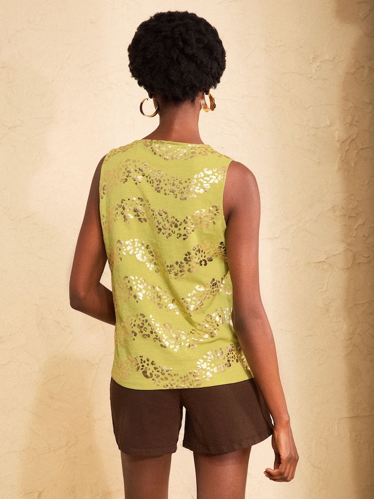 Love & Roses Lime Green Foil Animal Print Embellished Trim Jersey Vest - Image 4 of 4