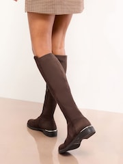 Lipsy Chocolate Brown Wide Fit Faux Suede Elasticated Flat Knee High Casual Boots - Image 4 of 4