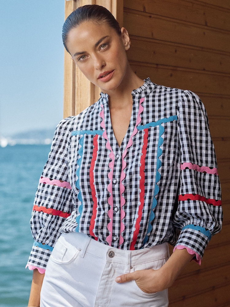 Love & Roses Ric Rac Trim 3/4 Sleeve Notch Neck Blouse - Image 1 of 4