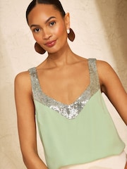 Love & Roses Mint Green Petite Sequin V-Neck Printed Vest - Image 1 of 4