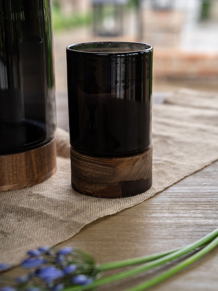 Libra Interiors Black Noir Glass Hurricane with Wooden Base 20.5cm - Image 1 of 5