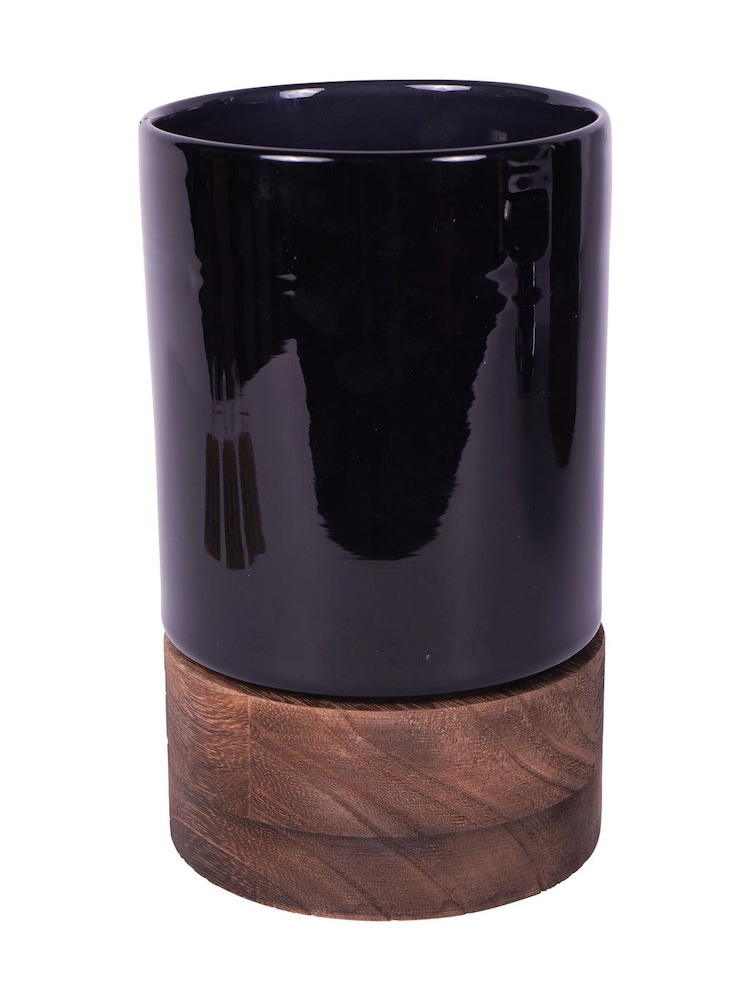 Libra Interiors Black Noir Glass Hurricane with Wooden Base 20.5cm - Image 2 of 5