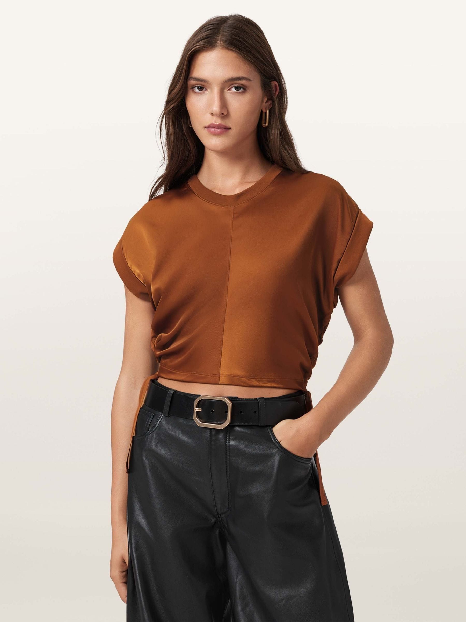 Buy AllSaints Light Brown Mira Cropped Satin Drawcord T-Shirt from