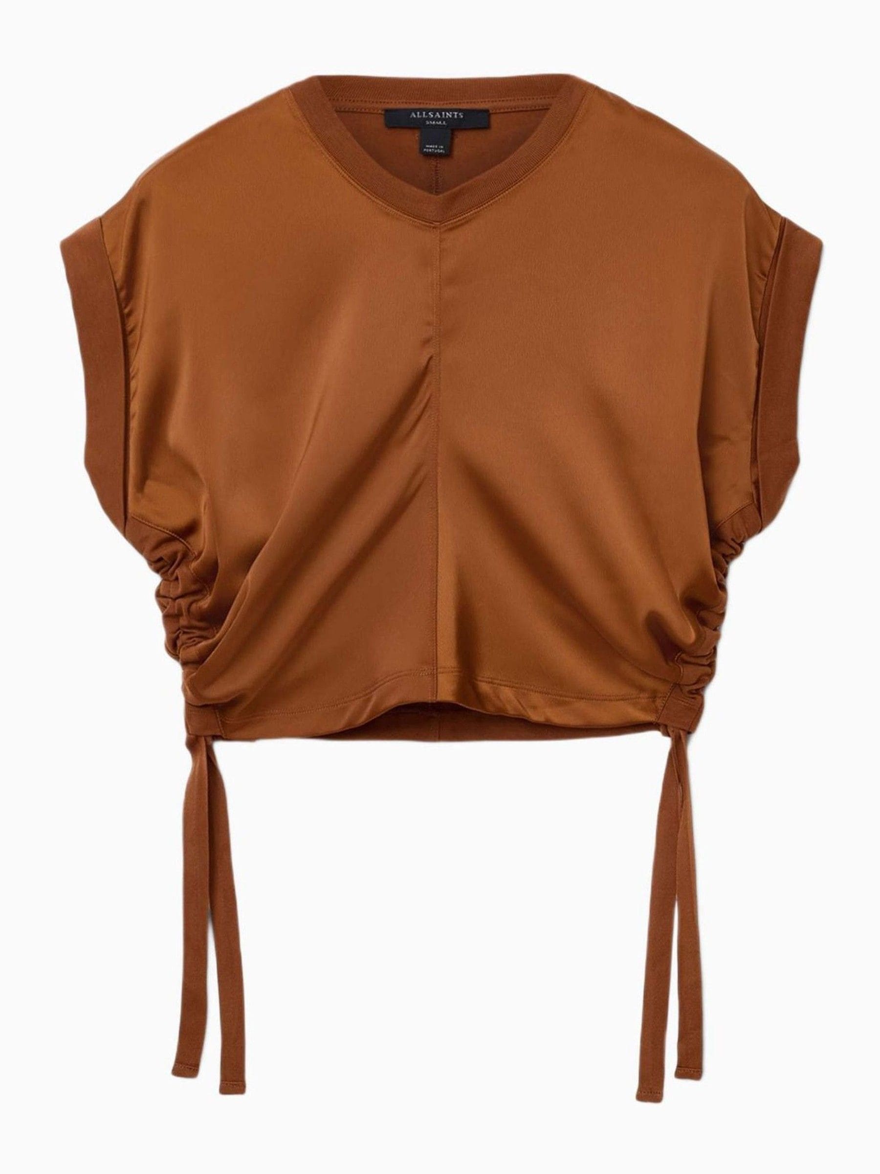 Buy AllSaints Light Brown Mira Cropped Satin Drawcord T-Shirt from