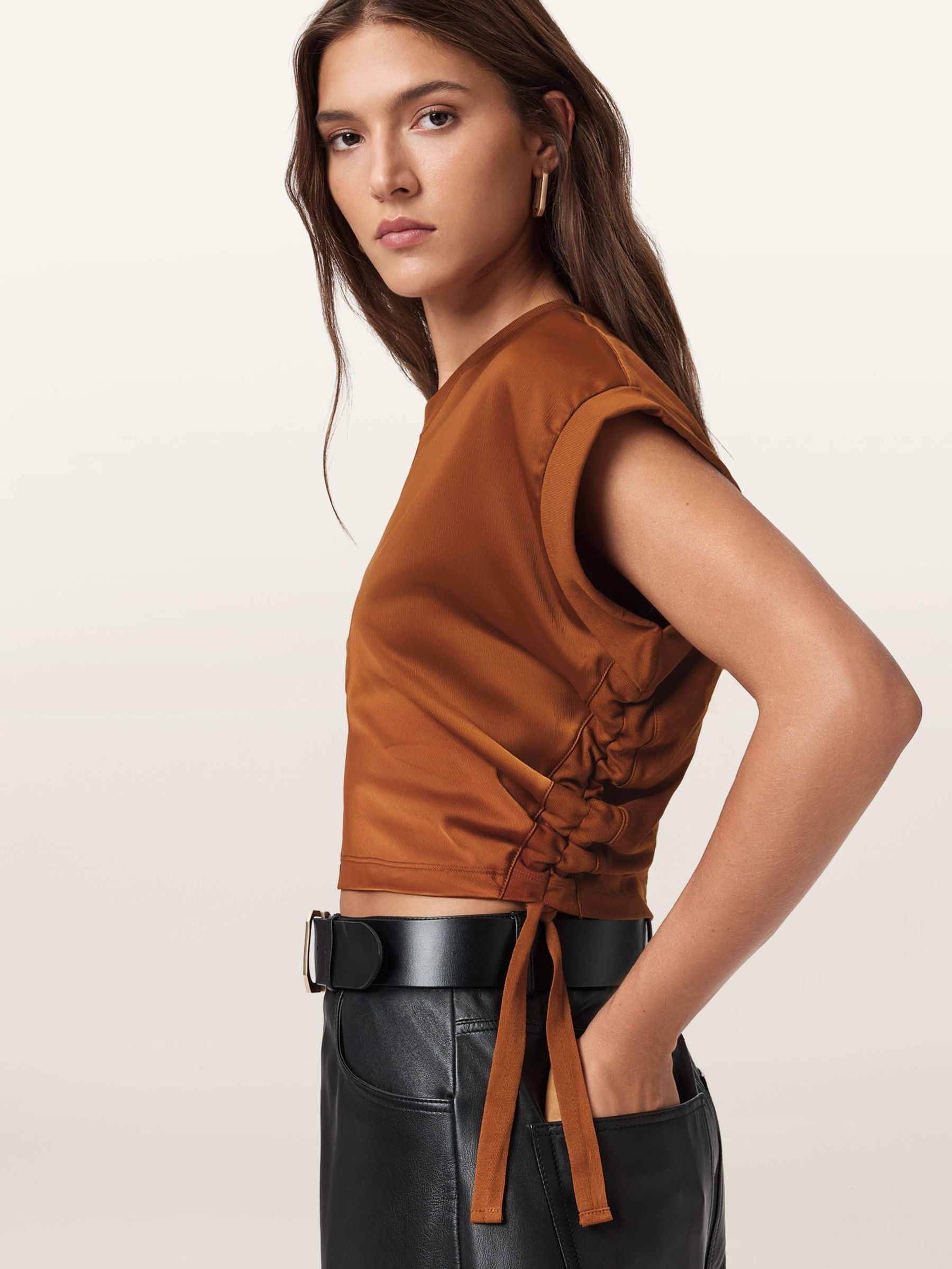 Buy AllSaints Light Brown Mira Cropped Satin Drawcord T-Shirt from