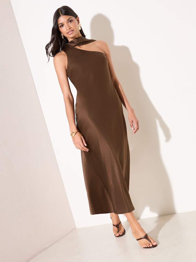 Friends Like These Brown Satin Scarf Midi Dress - Image 1 of 5