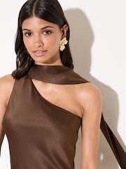 Friends Like These Brown Satin Scarf Midi Dress - Image 5 of 5