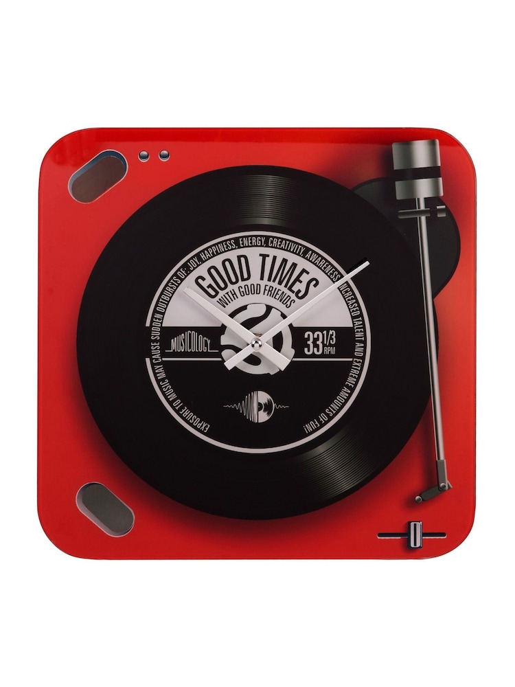 Widdop Red Harvey Makin Glass Wall Clock Record Player - Image 1 of 1 Widdop Red Harvey Makin Glass Wall Clock Record Player - Image 1 of 1