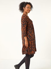 Roman Brown Petite Zip Detail Abstract Dress - Image 3 of 5