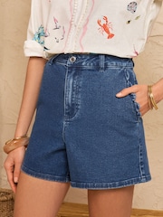 Love & Roses Mid Blue Petite Denim Scallop Pocket Shorts - Image 1 of 4