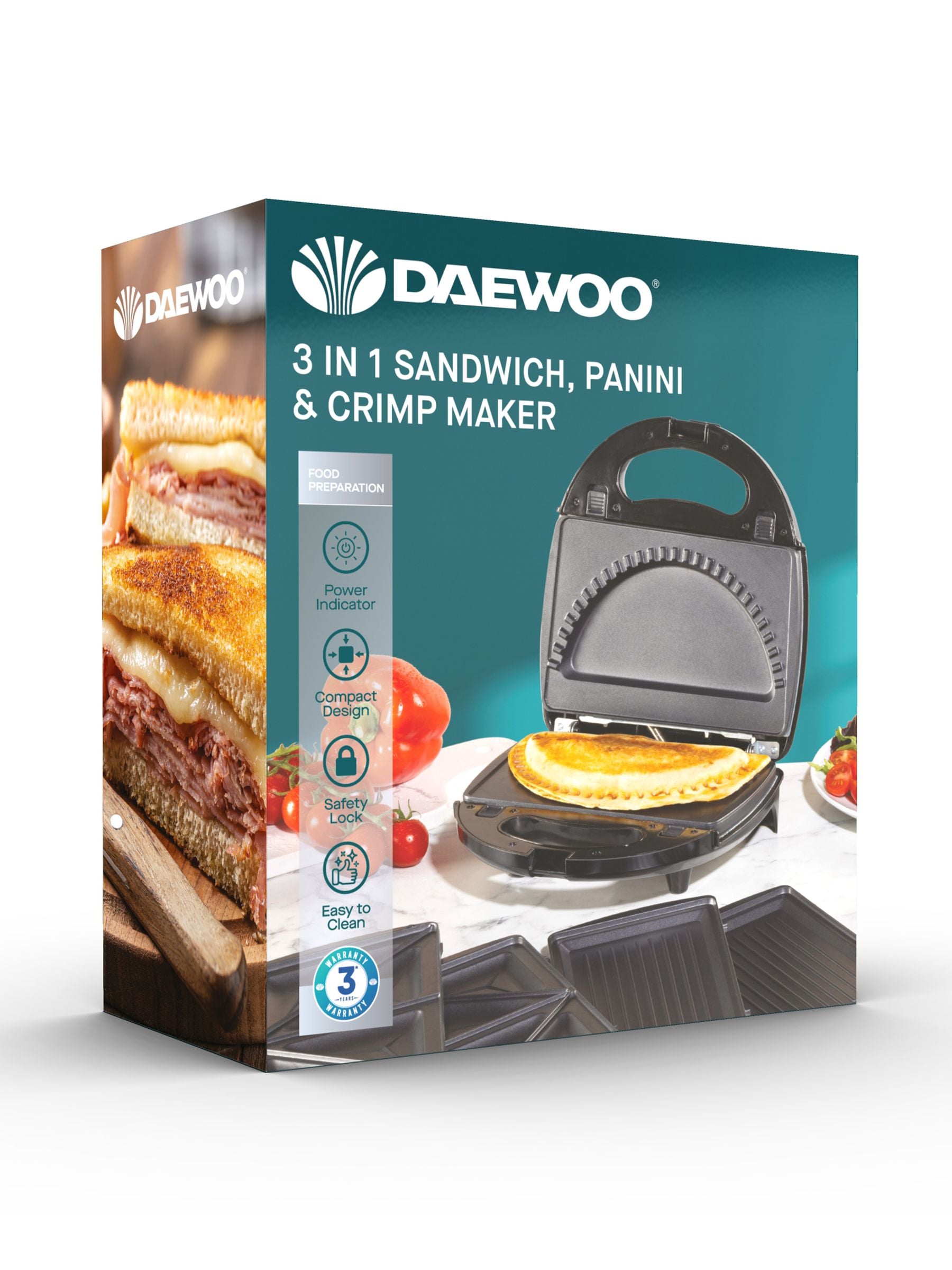 Daewoo Unisex Black 3-In-1 Panini Press Crimp & Sandwich Toastie Maker Crimper In - Image 5