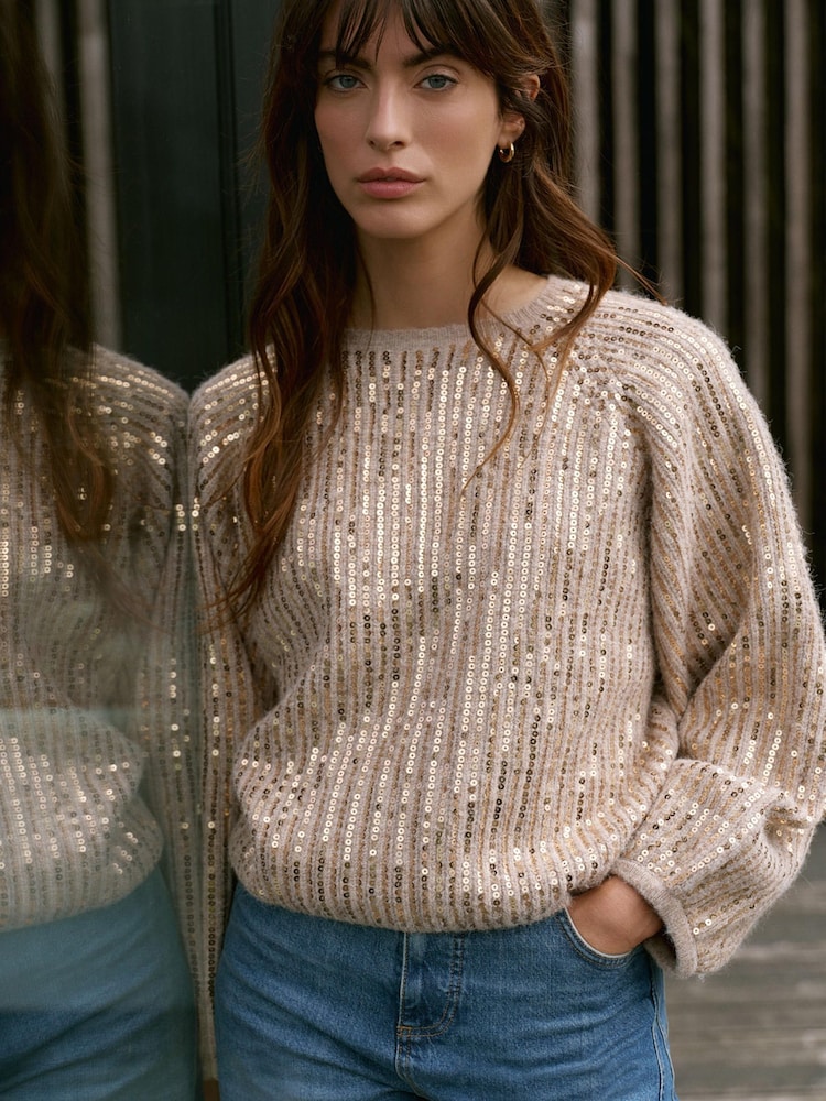 Mint Velvet Natural Sequin Embellished Jumper - Image 2 of 8