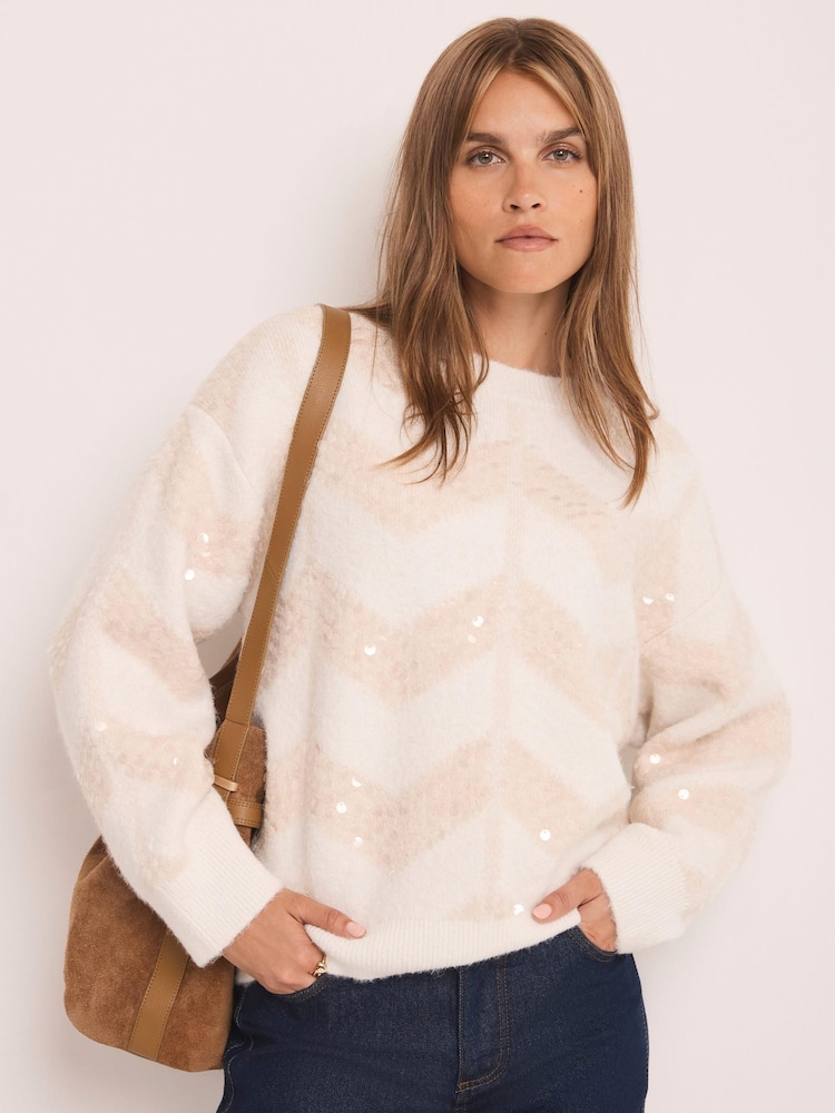 Mint Velvet White Zig Zag Sequin Jumper - Image 1 of 7 Mint Velvet White Zig Zag Sequin Jumper - Image 1 of 7