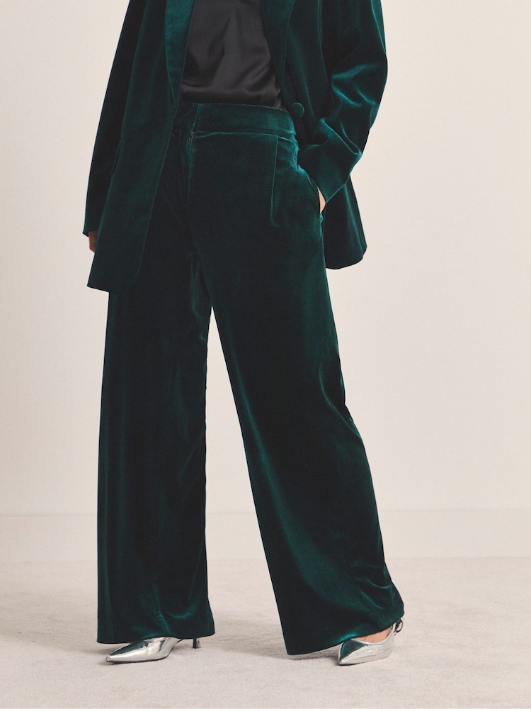 Simply Be Green Velvet Wide Leg Trousers - Image 1 of 4