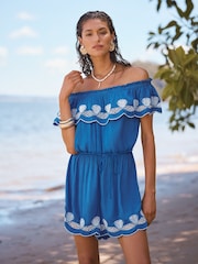 Blue Shell Cutwork - Love & Roses Embroidered Bardot Beach Playsuit - Image 1 of 4