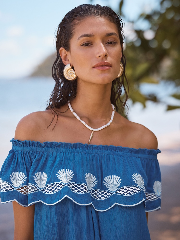 Blue Shell Cutwork - Love & Roses Embroidered Bardot Beach Playsuit - Image 2 of 4