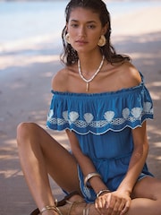 Blue Shell Cutwork - Love & Roses Embroidered Bardot Beach Playsuit - Image 4 of 4