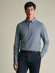 Charles Tyrwhitt Grey 100% Cotton Plain Long Sleeve Jersey Polo Shirt - Image 1 of 6