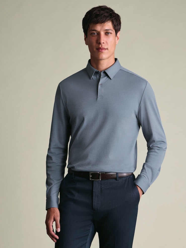 Charles Tyrwhitt Grey 100% Cotton Plain Long Sleeve Jersey Polo Shirt - Image 1 of 6 Charles Tyrwhitt Grey 100% Cotton Plain Long Sleeve Jersey Polo Shirt - Image 1 of 6