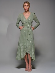 Jolie Moi Green Metallic Spot Long Sleeve Maxi Dress - Image 1 of 6