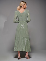 Jolie Moi Green Metallic Spot Long Sleeve Maxi Dress - Image 2 of 6