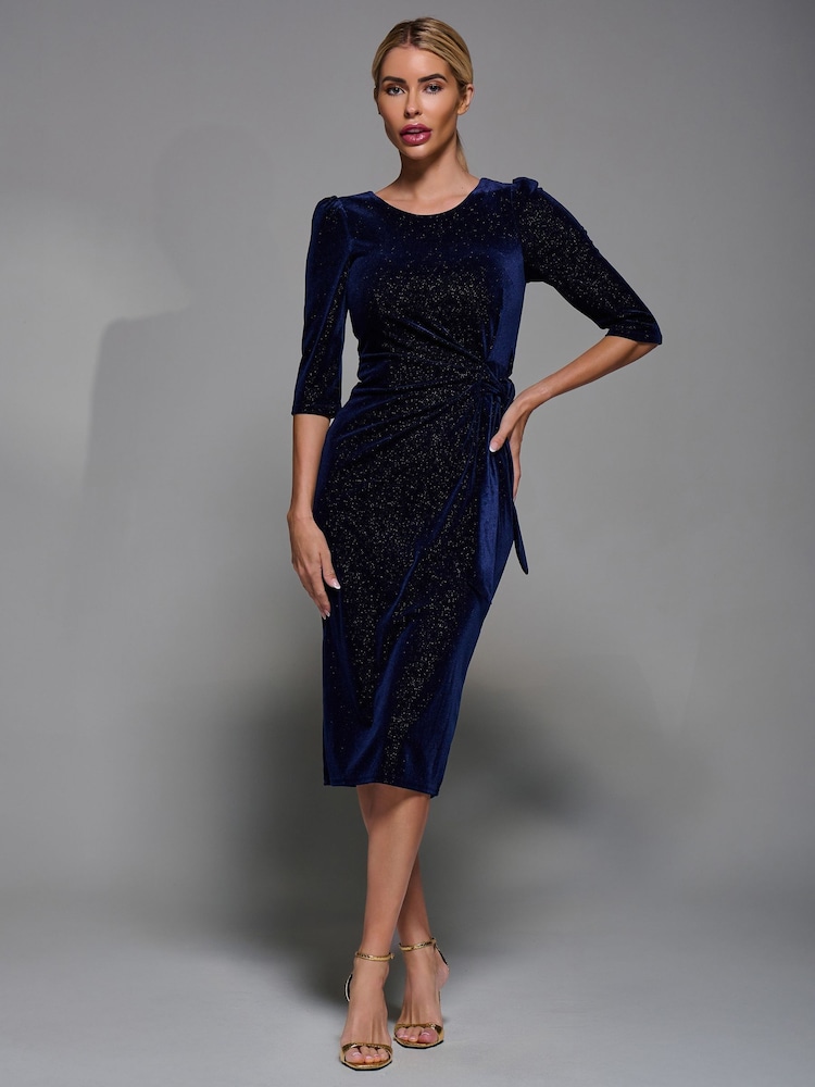 Womens Jolie Moi Blue Velvet Glitter Bodycon Midi Dress US 14