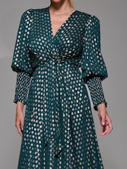 Jolie Moi Green Puff Sleeve Metallic Spot Print Dip Hem Maxi Dress - Image 3 of 6