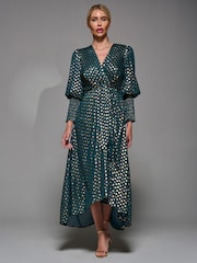 Jolie Moi Green Puff Sleeve Metallic Spot Print Dip Hem Maxi Dress - Image 6 of 6
