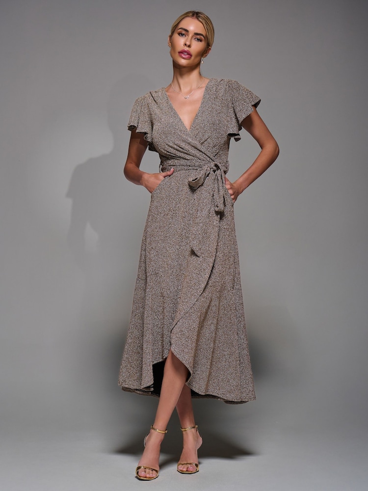 Jolie Moi Honey Gold Metallic Angel Sleeve Wrap Maxi Dress - Image 1 of 6 Jolie Moi Honey Gold Metallic Angel Sleeve Wrap Maxi Dress - Image 1 of 6