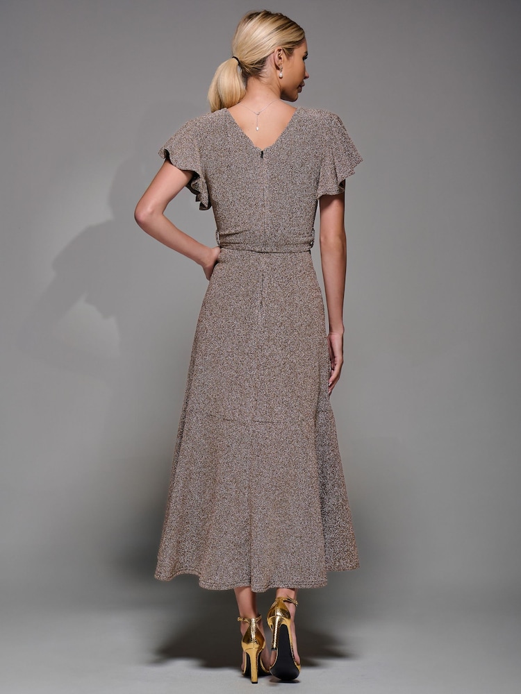 Jolie Moi Honey Gold Metallic Angel Sleeve Wrap Maxi Dress - Image 2 of 6 Jolie Moi Honey Gold Metallic Angel Sleeve Wrap Maxi Dress - Image 2 of 6