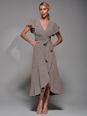 Jolie Moi Honey Gold Metallic Angel Sleeve Wrap Maxi Dress - Image 4 of 6