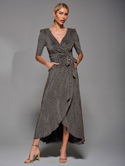 Jolie Moi Gold Tie Waist Wrap Metallic Dress - Image 5 of 6