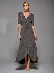 Jolie Moi Gold Tie Waist Wrap Metallic Dress - Image 6 of 6
