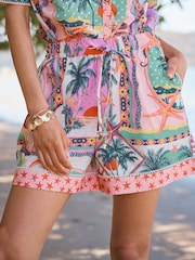 Love & Roses Pink Palm Print Linen Blend Petite Beach Shorts - Image 1 of 4