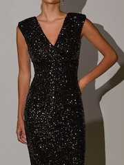 Jolie Moi Black Sequin Wrap Bodice Shoulder Pad Midi Dress - Image 3 of 6