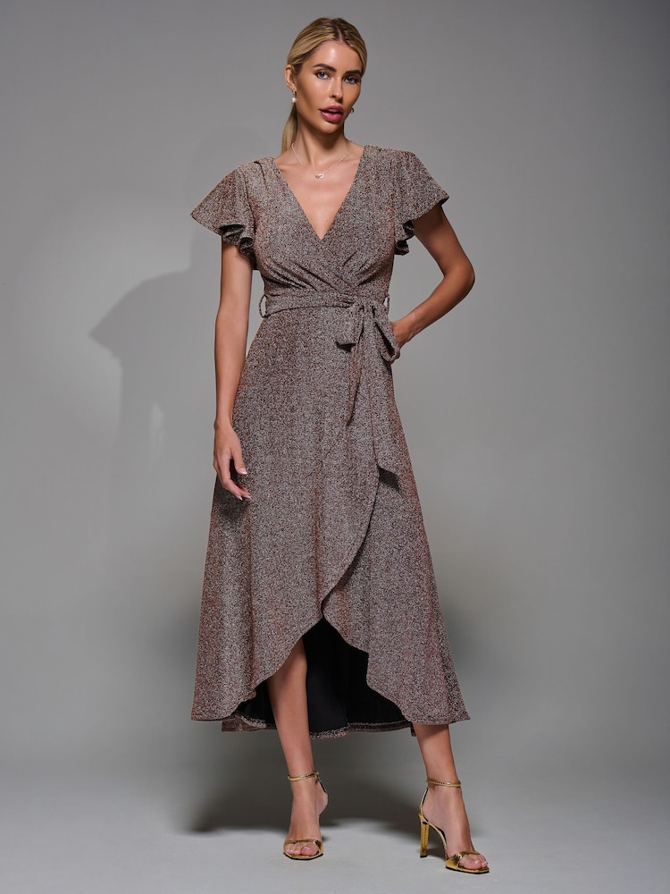 Jolie Moi Gold Metallic Angel Sleeve Wrap Maxi Dress - Image 1 of 6 Jolie Moi Gold Metallic Angel Sleeve Wrap Maxi Dress - Image 1 of 6