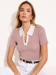 Lipsy Tipped Collar Notch Neck Short Sleeve Buttoned Knitted Top - תמונה 2 מתוך 4