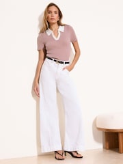 Lipsy Tipped Collar Notch Neck Short Sleeve Buttoned Knitted Top - תמונה 3 מתוך 4