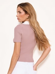 Lipsy Tipped Collar Notch Neck Short Sleeve Buttoned Knitted Top - תמונה 4 מתוך 4
