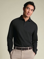 Charles Tyrwhitt Black Long Sleeve Cotton Stretch Smart Pique Polo Shirt - Image 1 of 6