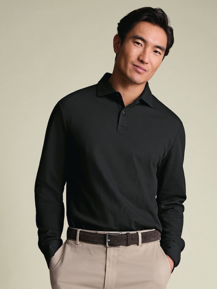 Charles Tyrwhitt Black Long Sleeve Cotton Stretch Smart Pique Polo Shirt - Image 1 of 6
