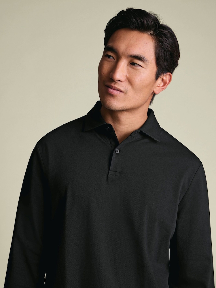 Charles Tyrwhitt Black Long Sleeve Cotton Stretch Smart Pique Polo Shirt - Image 2 of 6
