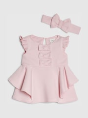 River Island Pink Bow Frill Sleeve Scuba Dress & Headband - Image 1 of 4