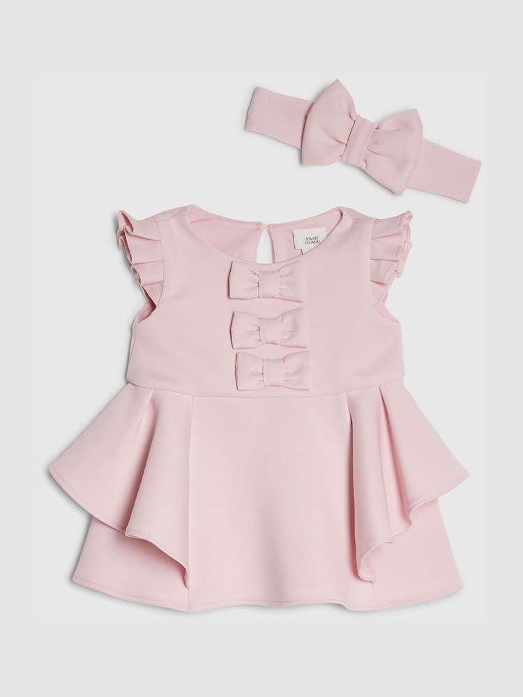 River Island Pink Bow Frill Sleeve Scuba Dress & Headband - Image 1 of 4