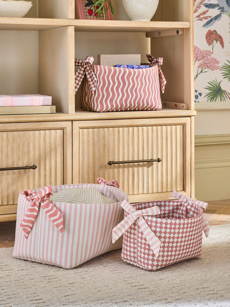 Set of 3 Pink Stripe Bow Storage Baskets - Image 1 of 6