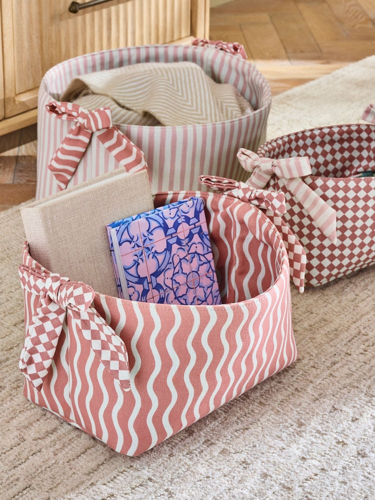 Set of 3 Pink Stripe Bow Storage Baskets - Image 2 of 6